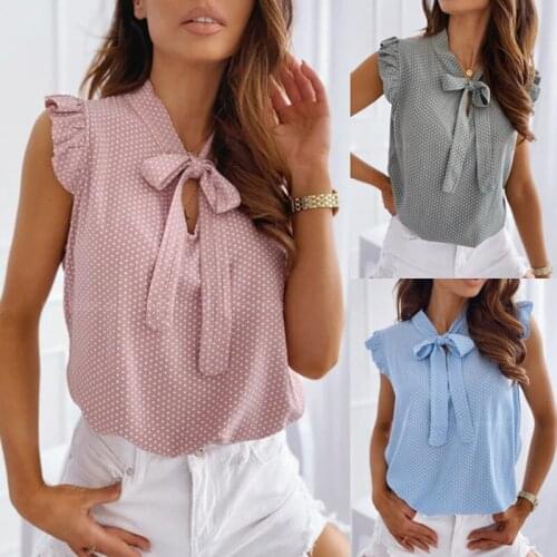 S-3XL Chic Shirt Bow Tie Women Tops Elegant Polka Dot Ruffle Print Female Tops Sleeveless Autumn Casual Ladies Tops 2020