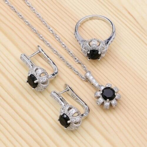 Punk 925 Silver Jewelry Sets For Women Party Acccessories Black Cubic Zirconia Stud Earrings/Pendant/Necklace/Ring