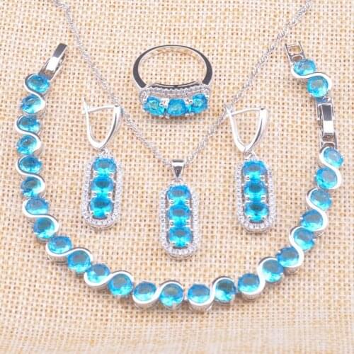 2020 New Sky Blue Crystal Bridal Jewelry Sets For Women Drop Earrings Rings Bracelet Necklace Christmas Gifts YZ0701