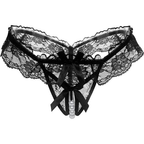 Womens Underwear Open Crotch Pearls Thong G-String Transparent Sexy Panties Female See-through Lace Low Waist Crotchless Briefs