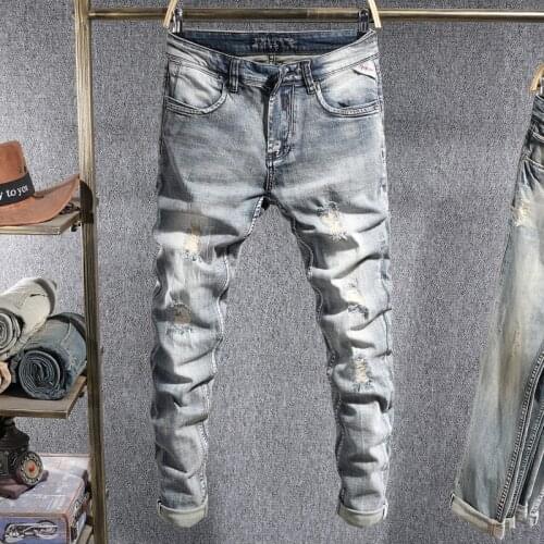 European American Street Fashion Men Jeans Retro Light Gray Blue Slim Fit Ripped Jeans Men Patchwork Designer Casual Denim Pants