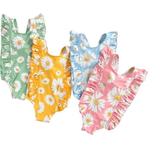 FOCUSNORM 0-5Y Summer Kids Girls Swimwear Sunflowers Print Ruffles Short Sleeve Swimwear Beachwear 4 Colors