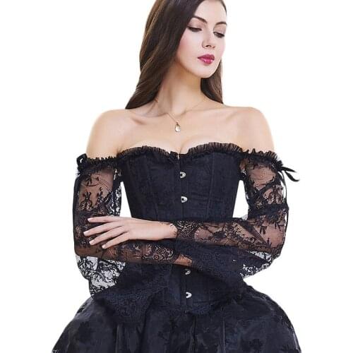 Corset Top off Shoulder Plus Size Burlesque Costumes Floral Lace up Bustiers & Corsets Overbust Straps Sleeve Vintage Sexy Party