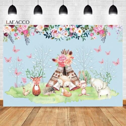 Laeacco Woodland Animals Background Safari Party Butterfly Flower Baby Shower Birthday Portrait Customized Photography Backdrops