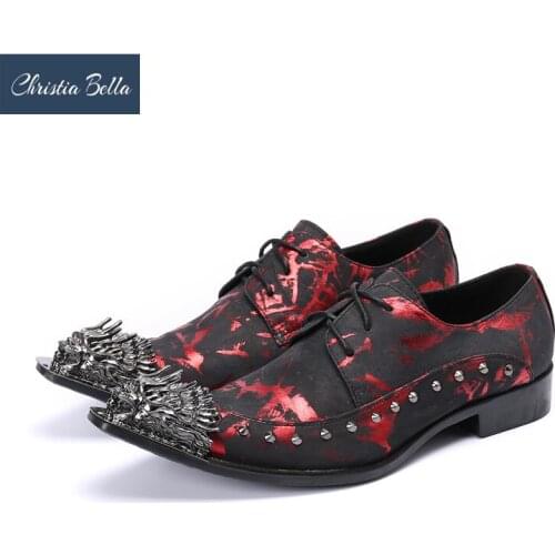 Christia Bella Fashion Print Party Men Oxford Shoes Metal Pointed Toe Rivets Brogue Shoes Business Genuine Leather Derby Shoes