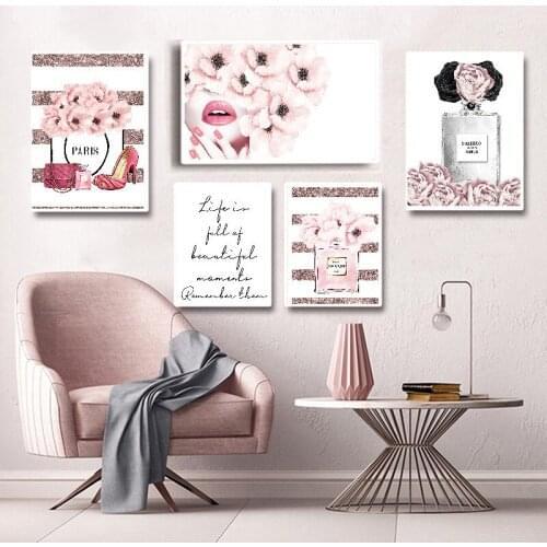 Fashion Pink Lips Perfume Bag High Heels Poster Print Modern Wall Art Picture Room Decor Canvas Painting Cuadros Para El Hogar