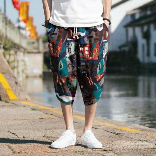 Mens Casual Pants Cotton Linen Wide-leg Pants Summer Loose Wide-breasted Harem Pajamas Cropped Trousers