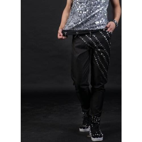 Stage personality men pants oblique rivets harem pant men feet trousers singer dance rock fashion pantalon homme street black