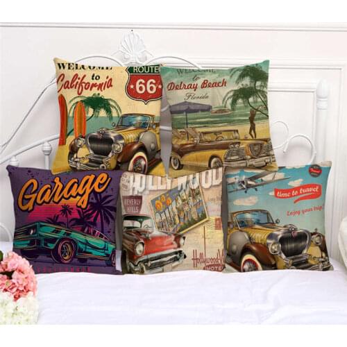 Throw Pillow Cases Retro American Car Poster Route 66 Cushion Cover 45x45cm Home Living Room Decoration Linen/Cotton Pillowcover