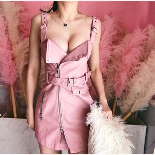 New Fashion PU Leather Dress Womens Mini Sexy Strap Dress Sash Zipper Winter Black Sundress Backless Gothic Dress 2021
