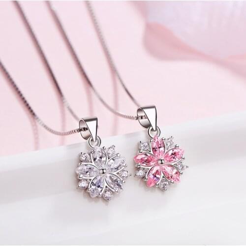 925 Sterling Silver Delicate Pink Clear Cubic Zircon Crystal Cherry Blossom Pendant Necklace For Christmas Gifts S-N223