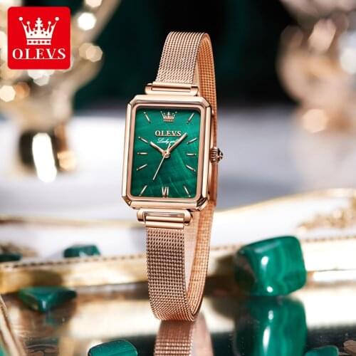 OLEVS Luxury Classic Womens Watch Fine Fashion Stainless Steel Bracelet Clock Green Dial Quartz Watch Damenuhr Reloj de mujer