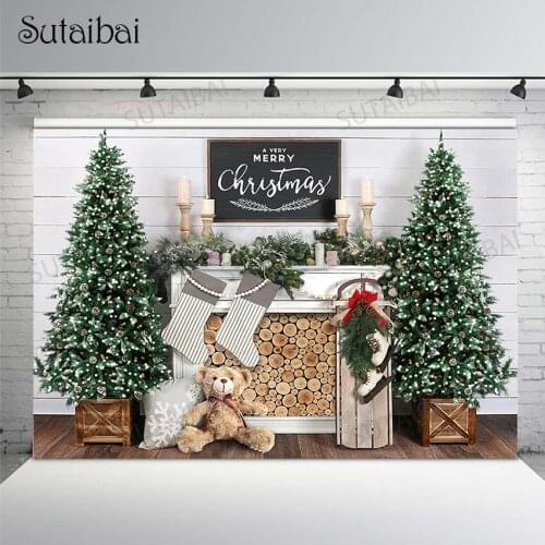 Merry Christmas Backdrop for Photography Fireplace Bear and Skates Children Kids Portrait Photo Booth Background Studio Props