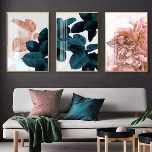 Modern Blooming Pink Peony Flower Green Leaves Poster Canvas Painting Wall Art Prints Picture Living Room Corridor Home Decor