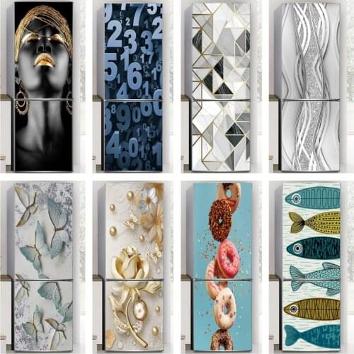 Modern Home Decor Refrigerator Wrap 3D Geometric Butterfly Flower Fridge Freezer Stickers Self Adhesive Room Wall Vinyl Mural