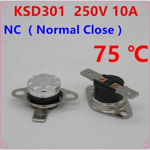 10Pcs KSD301 75 Degrees Celsius 75 C Normal Close NC Temperature Controlled Switch Thermostat 250V 10A Thermal Protector