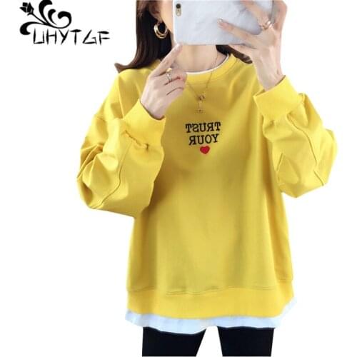 UHYTGF Womens sweatshirt fake two-piece pullover spring autumn sweatshirt hoodies female student casual thin top plus size 1020