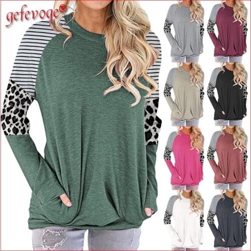 Autumn Clothes Women 2021 Casual Striped Leopard Print Patchwork Long Sleeve Basic T-shirt Plus Size Tunic Tops Female Clothing
