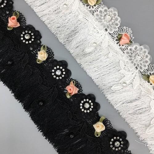 1 yard 65mm White and Black Fringe Tassel Lace Trim Diamond Flower Embroidered Ribbon Fabric Sewing Craft Dress DIY Accessories