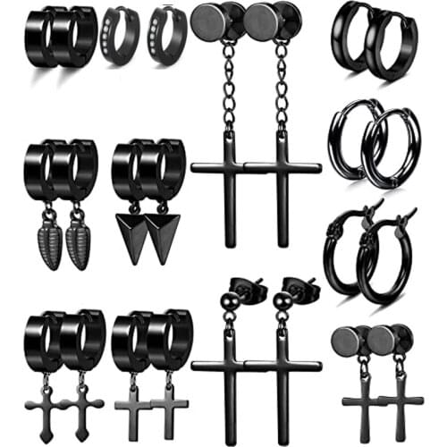12 Pairs Of Stainless Steel Earrings For Men And Women Black Huggie Hoop Earring Set Hinge Ring Pendant Cross Earrings