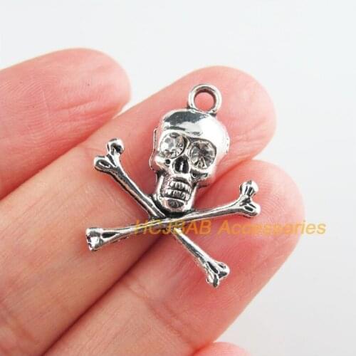 15 New Skull Charms Clear Crystal Tibetan Silver Tone Halloween Pendants 21x23.5mm