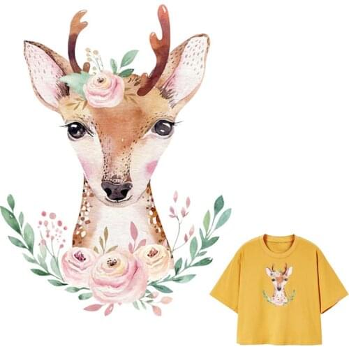 Flower Deer Applique On Clothes Heat Print On T-Shirt Heat Transfer Iron On Clothes Stickers Diy Accessory Iron-On Transfers