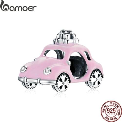 Bamoer Genuine 925 Silver Pink car Fashion Charm for Original Bracelet Women Jewelry Making DIY Bracelet Accessory SCC1738