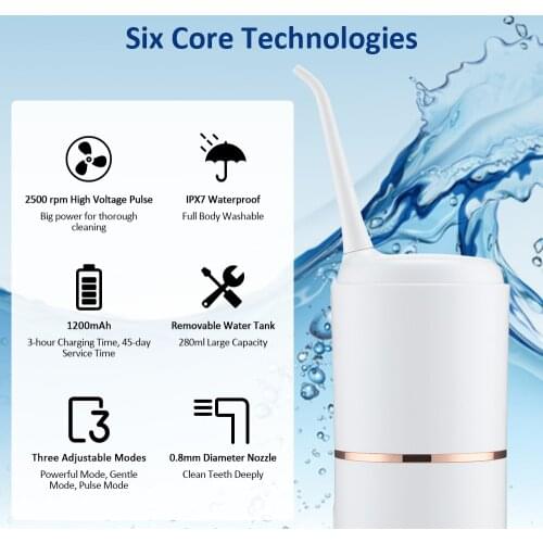 Cordless Dental Oral Irrigator Water Flosser 280ML Rechargeable Waterproof Teeth Braces Cleaner Electric Tooth Cleaner Portable