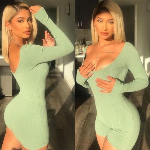 BKLD 2021 Fall New Sexy Slim Backless Square Neck Long Sleeve Ladies Playsuits Solid Color Green Rompers Womens Jumpsuit