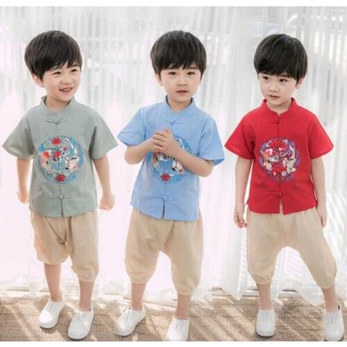 Childrens suit boy short sleeve 2 suit Chinese style cotton and hemp summer