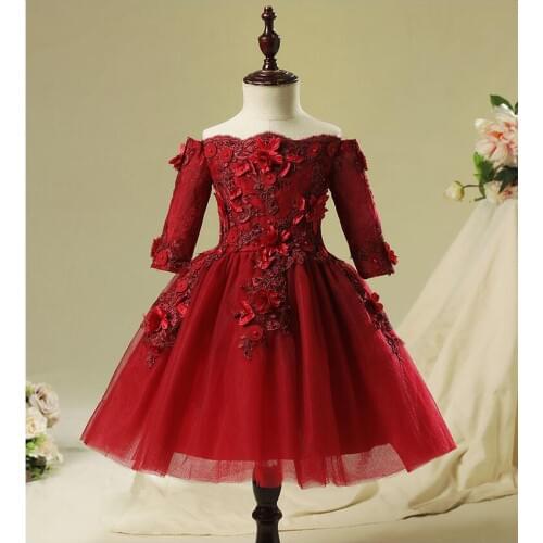 Baby Girl Dresses Wedding Party Half Sleeve Beaded Red Lace Christening Gown Infant Newborn 1st Birthday Dress for Baptism