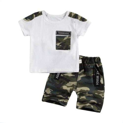 FOCUSNORM 1-4Y Summer Infant Kids Boys Clothes Sets Camouflage Print Short Sleeve Pocket T Shirts Tops Shorts