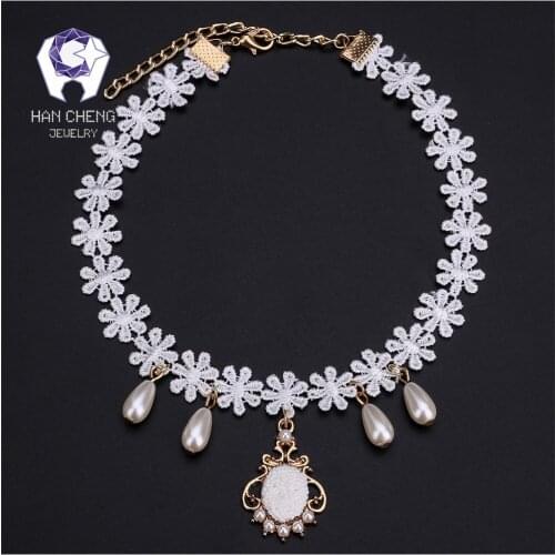 HanCheng New Fashion Princess Flower Ribbon Pearl Choker Necklace Women Necklaces Vintage Knitting Cloth collar jewelry bijoux