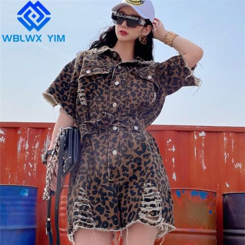 Leopard Denim Overalls Women Short Sleeve Lapel Fashion Hole High Waist Denim Jumpsuit Female Summer Loose Wide leg Short Pants