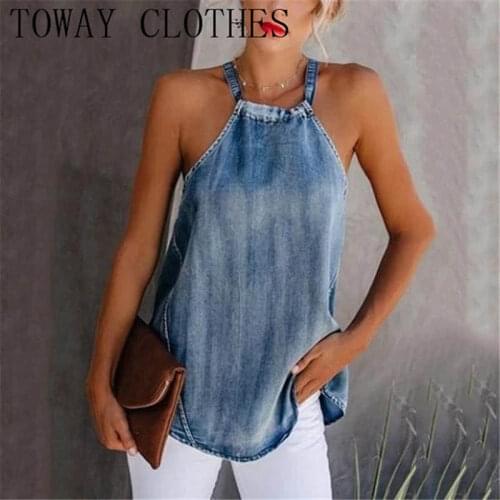 Summer Women Cutout Hole Solid Color Halter Sleeveless Denim Tank Top
