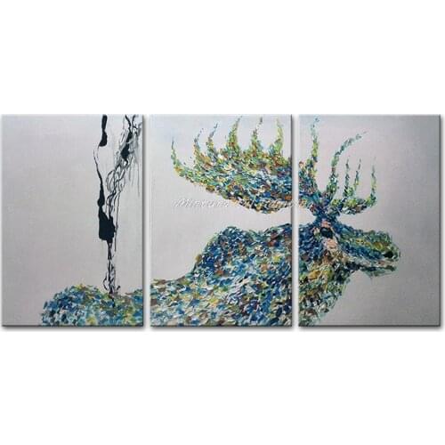 100% Handpainted 3 Panel Modern Decorative Painting Moose Oil Painting On Canvas Wall Art For Living Room Decor (Framed)