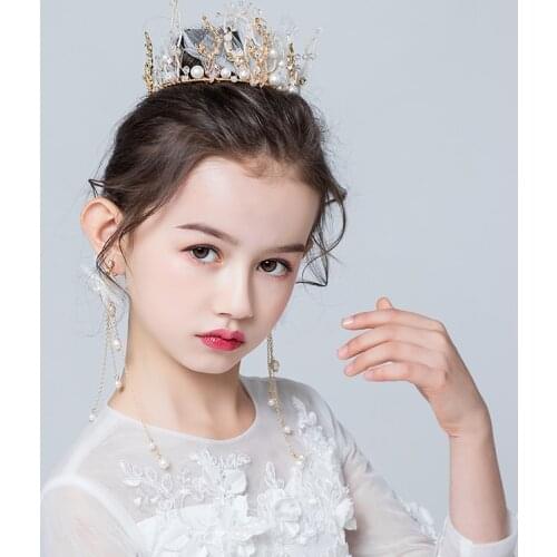 Fashion Crystal Crowns Earrings For Kids Child Girls Pearls Tiaras Diadems Photography Wedding Party Hair Accessories