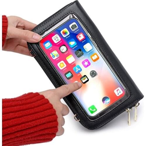 Fashion Solid Color PU Leather Female Mobile Phone Bag RFID Anti-Theft Swipe Card Touch Screen Multifunctional Messenger Bag