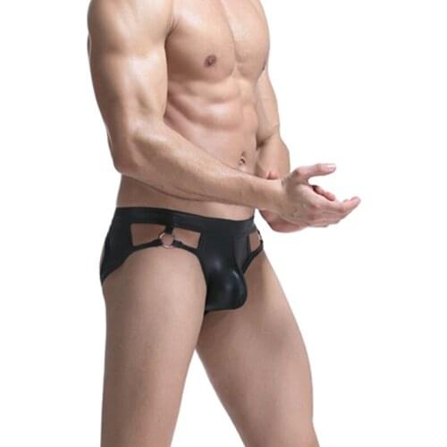 Sexy New Men Briefs Hoop Hollow Gay Mens Underwear Jockstrap Imitate PU Leather Mens G Strings Thongs Sexy Underwear Sexy Sexy
