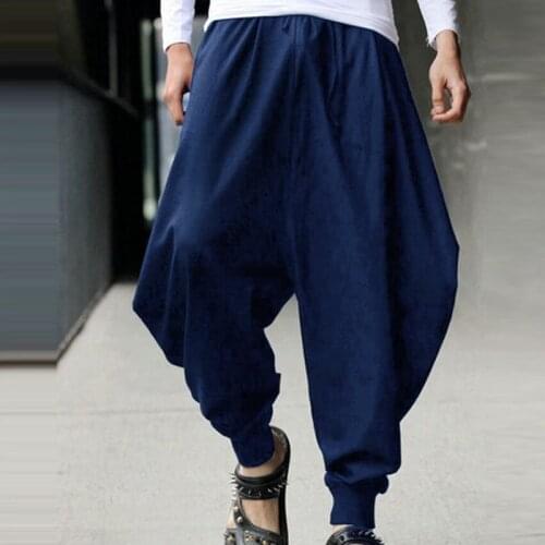 Male Japanese Samurai Style Cropped Pants Linen Pants Summer Casual Harem Loose Pants Low Drop Crotch Wide-Leg Long Trousers