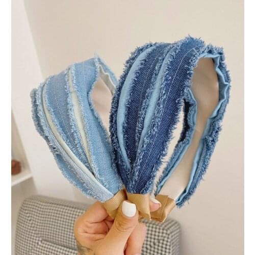 Wide Edge Denim Jeans Hairband Pleated Braid Headband for Female Blue Hair Bezel Turban Hair Accessories Wash Face Hair Hoop