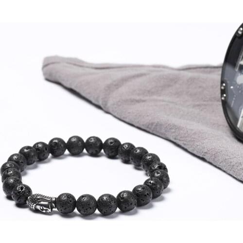 Wholesales 8mm natural stone beaded men bracelets Lava Buddha head stainless steel bracelet 50pcs/lot+free shipping