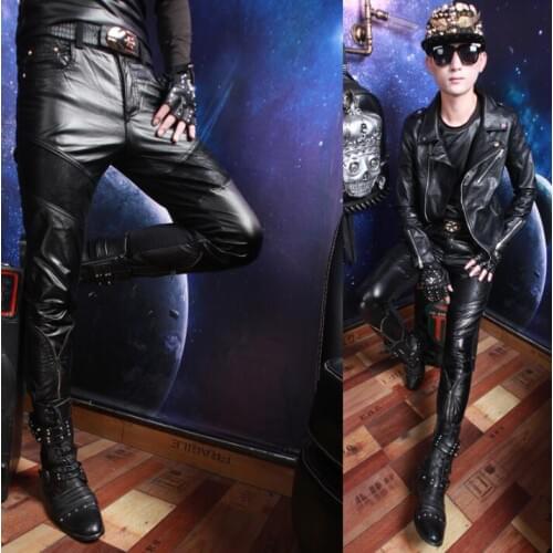 Autumn winter splice personality fashion plus velvet motorcycle faux leather pants mens feet pants pu trousers for men warm