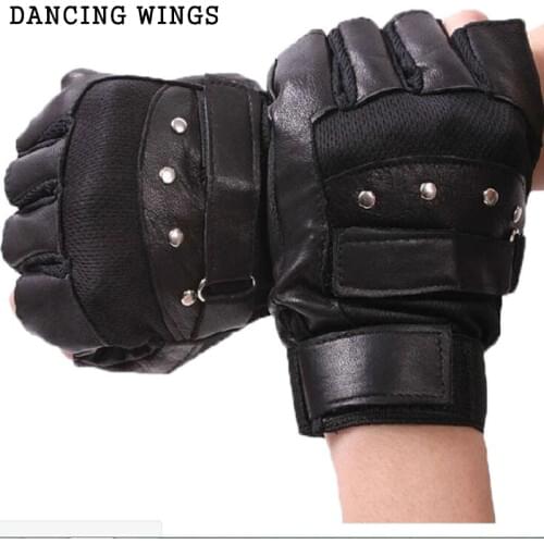 Personality Rivets Men Pu Leather Gloves Black Half Finger Sheep Leather Fingerless Gloves Outdoor Sports Fitness Riding Gloves