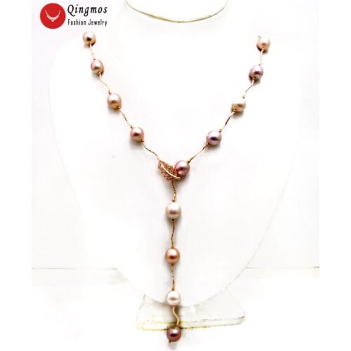 Qingmos Rose Gold Natural Round 11-12mm Purple Edison Pearl 33" Necklace And Bracelet Set For Women & Jewelry Gift Box-6452