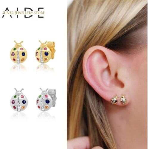 AIDE Fashion Colorful Ladybug Stud Earrings For Women Punk Multicolor Zircon Insect Piercing Earings Silver 925 Jewelry kolczyki