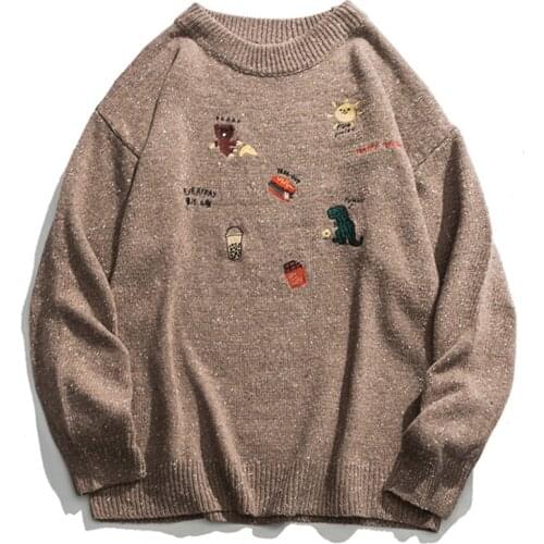 Embroidery Dinosaur Hamburger Bear Pullover Knitted Sweater Harajuku Casual Knitwear Jumper Tops Hip Hop Couple Loose Streetwear