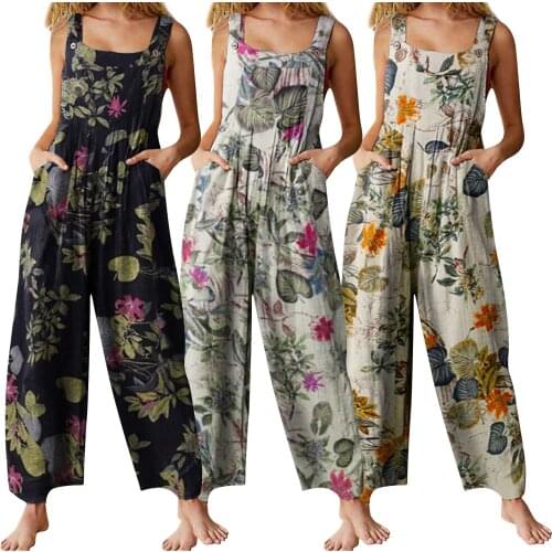 Newest Arrival Women Summer Jumpsuit Leaf Floral Print Square Neck Sleeveless Casual Overalls with Pockets Fashion Casual Outfit