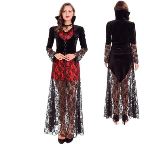 Adult Women Halloween Masquerade Vampire Witch Costume Carnival Party Cosplay Vampire Sexy Lace Perspective Stand Collar Dresses