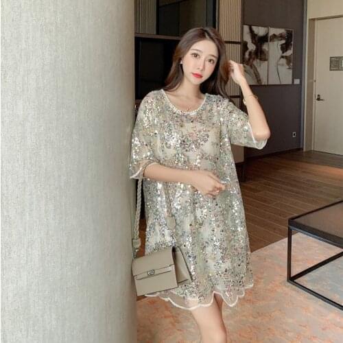 2021 Summer Round Neck Sequin Mesh Green Casual Straight Geometric Fashion X-Long T-shirt Women 3968